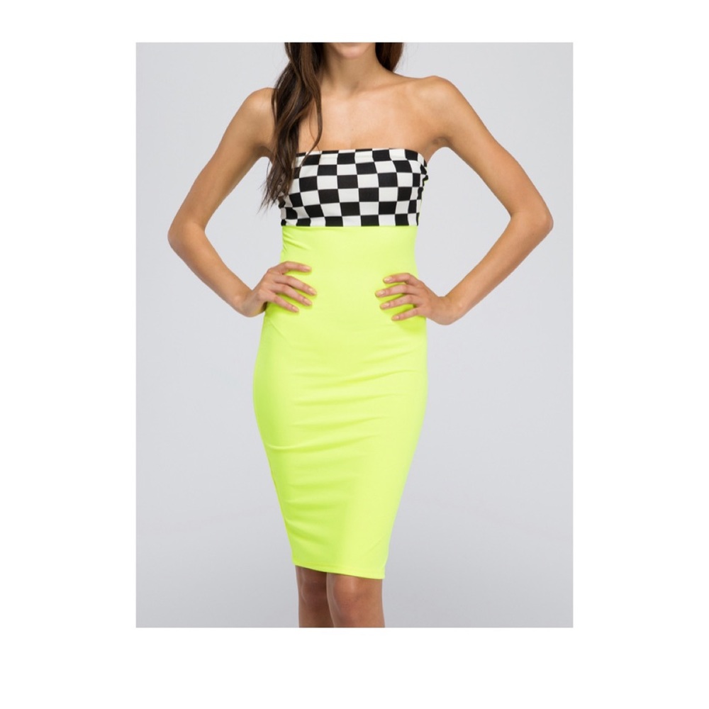 Check Panel Bodycon Tube Dress Neon Yellow